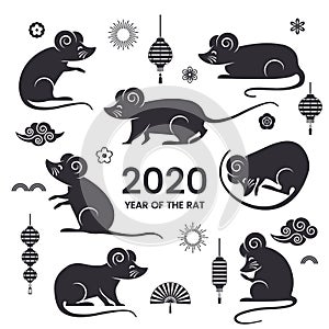 A large set of Asian rats in various poses. Chinese rat is a symbol of 2020. Festive elements for New Year calendars and