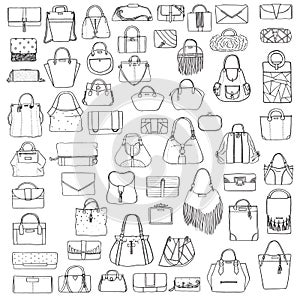 Large set of black and white doddle fashion bags, hand drawn with black ink, isolated on white background. Illustration wit