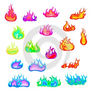 Large set of bright magickal fire flame, hot magic flaming elements isolated on white photo