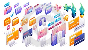 Large set of cartoon icons. Folders with documents, flowers, credit cards, buttons, receipts for payment. Vector 3D