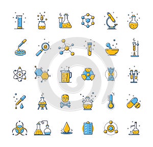 Large set of Chemistry lab and diagrammatic icons showing assorted experiments, glassware and molecules on white background.