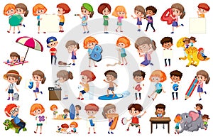 Large set of children doing different activities on white background