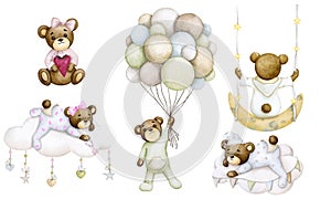 Large set for a children\'s party, birthday, baby shower: baby bears in a balloon, on the moon, on a cloud
