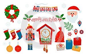 Large set of Christmas icons. Santa, locomotive, tree, nutcracker, Christmas balls, watches, gifts, socks