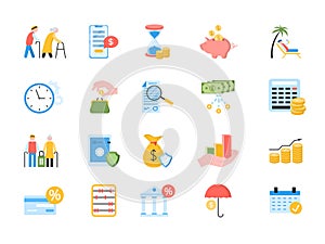 Large set of colored icons for a pension plan