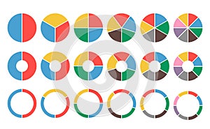 Large set of colored pie charts. 2,3,4,5,6,8 sections. Flat icons