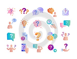 Large set of colored question, query or confusion icons