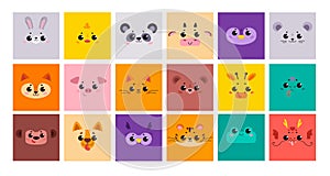 Large set Cute cartoon animals in a square shape. A cards for developmental games.