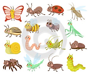 Large set of cute cartoon insects or bugs