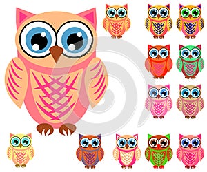 Large set of cute multicolored cartoon owls for children, different designs, trendy coral color