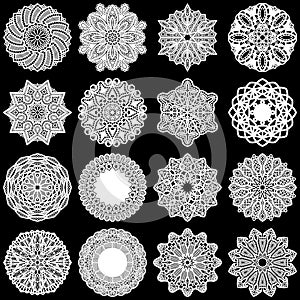 Large set of design elements, lace round paper doily, doily to decorate the cake, template for cutting, greeting element, snowfl