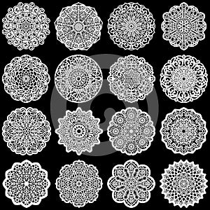 Large set of design elements, lace round paper doily, doily to decorate the cake, template for cutting, greeting element, snowfl