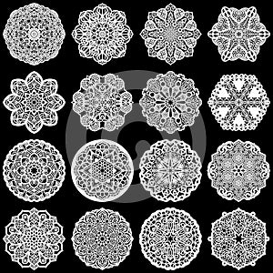 Large set of design elements, lace round paper doily, doily to decorate the cake, template for cutting, greeting element, snowfl