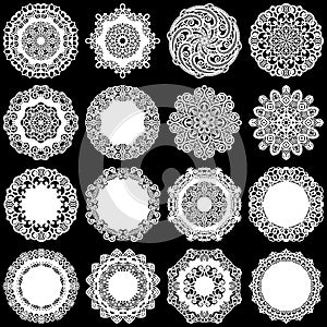 Large set of design elements, lace round paper doily, doily to decorate the cake, template for cutting, greeting element, snowfl