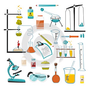 A large set of devices and equipment for chemical, scientific and research experiments. Vector