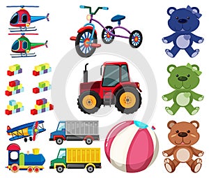 Large set different toys on white background