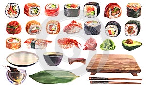 Large set of different types of sushi, sushi dishes, soy sauce, wasabi, ginger, chopsticks. Hand drawn japanese food in