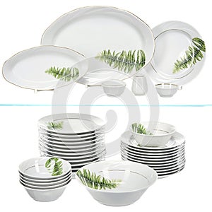 large set of dishes of plates, bowls, saucepan