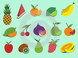 A large set of exotic fruits in a flat style. Set of isolated vector icons with tropical summer fruits.