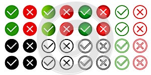 Large set of flat  icons isolated on white background green check marks and red crosses, hard and rounded corners