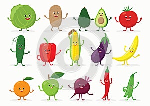 Large set of funny fruits and vegetables cartoon characters smiling with hands and legs isolated on white background