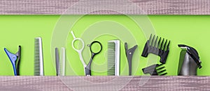 Large set of hair stylist for cutting hair on a green background