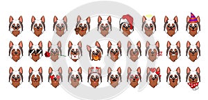 A large set of heads of little dogs with different emotions and different objects.