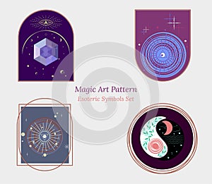 Large set of images of objects of esoterica, alchemy, magic, fortune telling, occultism. Vector doodle in outline style for tarot