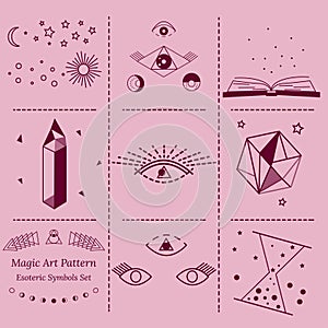 Large set of images of objects of esoterica, alchemy, magic, fortune telling, occultism. Vector doodle in outline style for tarot
