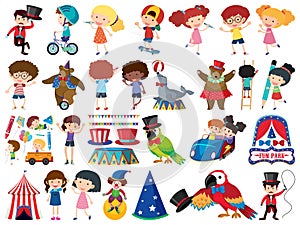 Large set of isolated objects of kids and circus
