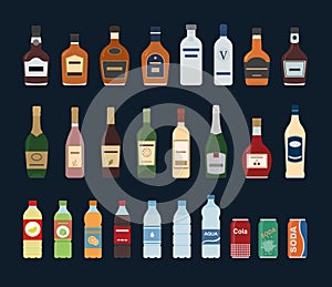 Large set of isolated water and alcohol bottle icon on black background.