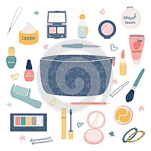 A large set of items for makeup and personal care from a cosmetic bag: lipstick, cream, mascara, eye shadow, comb, powder, etc.