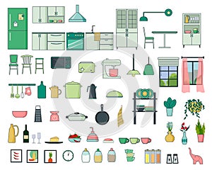 Large set of kitchen interiors. Furniture for kitchen. Vector flat linear illustration.