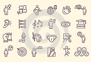Large set of line drawn icons depicting Cognitive Abilities