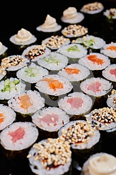 Large set of Maki rolls with a variety of fresh fish and vegetable fillings.