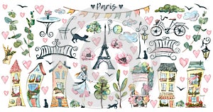 A large set of Parisian streets. Houses, plants, lanterns. Watercolor illustration in sketch style with graphic elements