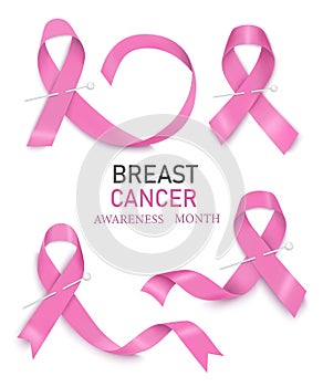 A large set of realistic pink ribbon isolated on a white background. The symbol of Breast Cancer Awareness Month in