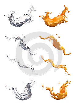 Large set of realistic splashes. Transparent water and orange juice splatters