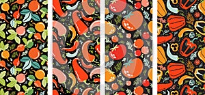 Large set of seamless patterns of natural and healthy vegetables. Background from farm products tomatoes, peppers