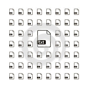 Large set of simple black file icons with most common extensions on white