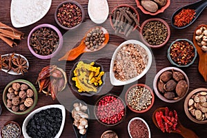 Large set of spices, seasonings and salt