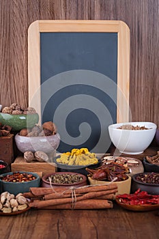 Large set of spices, seasonings and salt