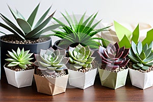 A large set of succulents in an eco-paper bag. Eco-friendly reusable eco-bag and succulents. Shop of indoor plants.