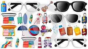 Large set of summer items on white background
