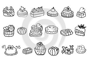 A large set of sweets cakes. Set, collection, choice Sweets Cakes Dessert. Coloring page, Coloring book. Contour. - Vector. Vector