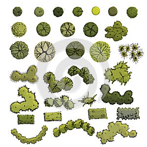 Large set with symbols of trees and shrubs  in plan view whithout shadow. Hand drawn ink and colored sketch.