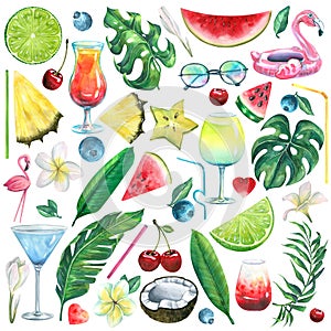 A large set on the theme of a beach bar with cocktails, fruits, berries, tropical leaves and flowers, pink flamingos and