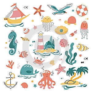 Large set on the theme of the sea, ocean and marine life in the style of doodles