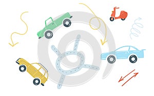 Large set of urban elements flat simple cartoon style hand drawing. cars, roads, traffic lights. vector illustration