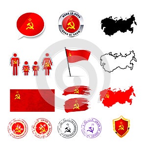Large set of USSR infographics elements with flags, maps and badges on white